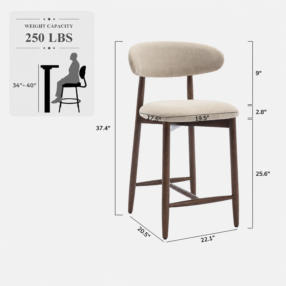 COLAMY ARLA Upholstered Wooden Scandi Minimalist Counter Height Bar Stool