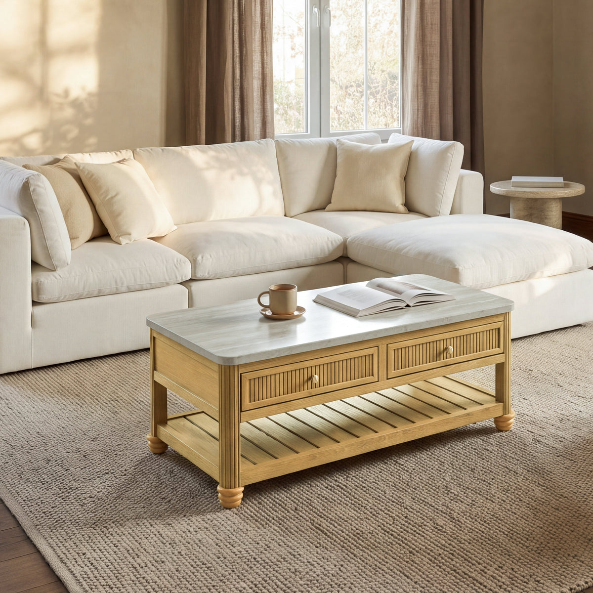 COLAMY VERSE 47.2" Fluted Storage Coffee Table with 2 Drawers & Open Shelf