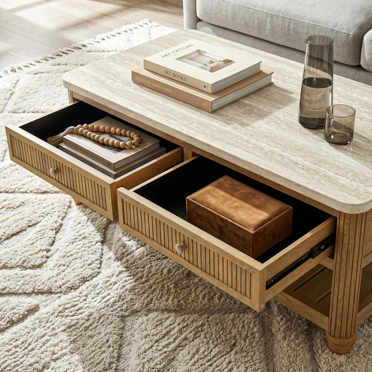 COLAMY VERSE 47.2" Fluted Storage Coffee Table with 2 Drawers & Open Shelf