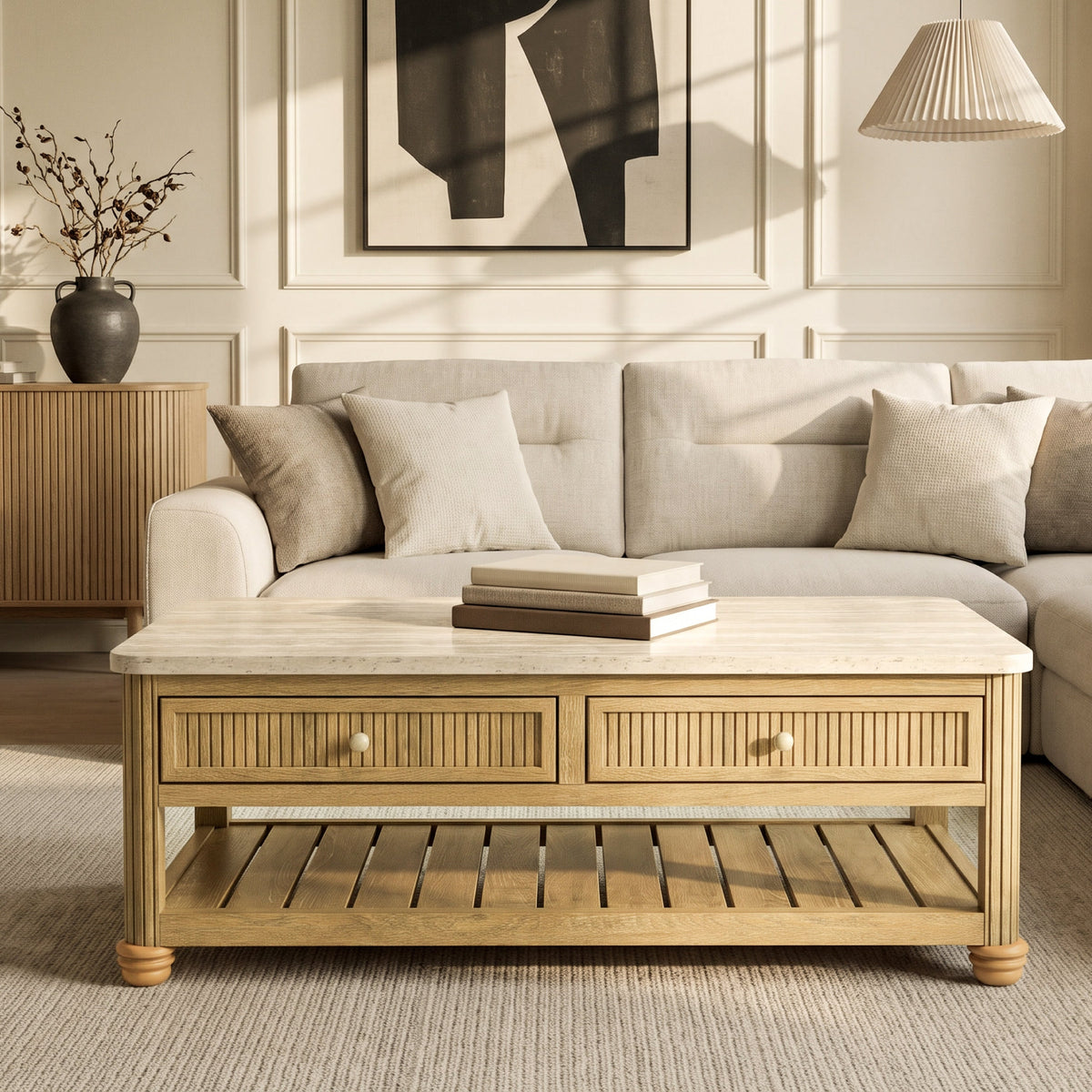 COLAMY VERSE 47.2" Fluted Storage Coffee Table with 2 Drawers & Open Shelf