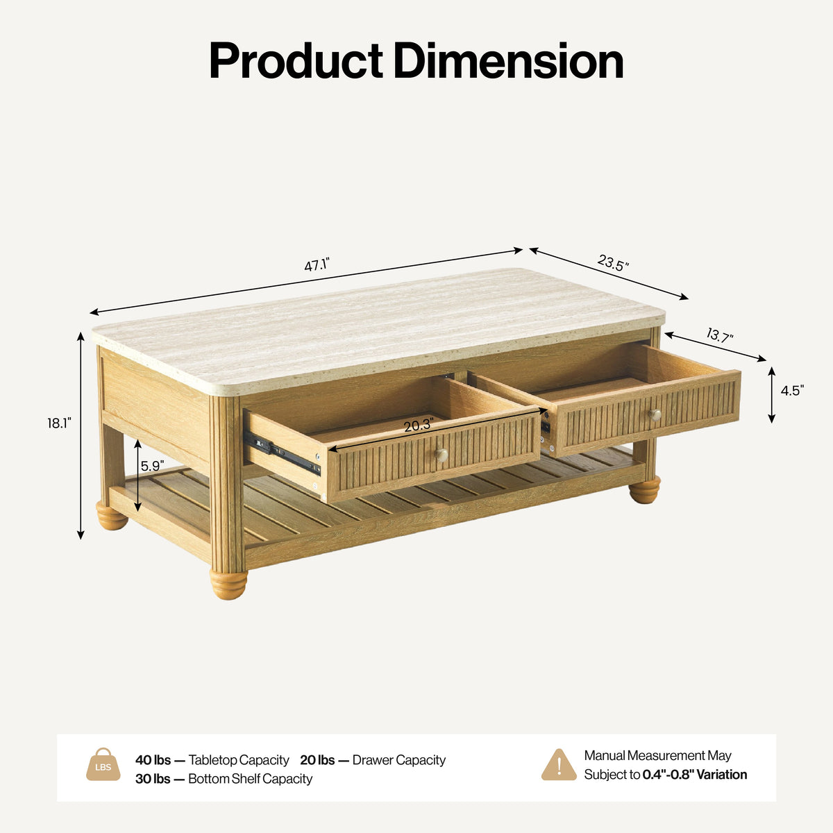 COLAMY VERSE 47.2" Fluted Storage Coffee Table with 2 Drawers & Open Shelf
