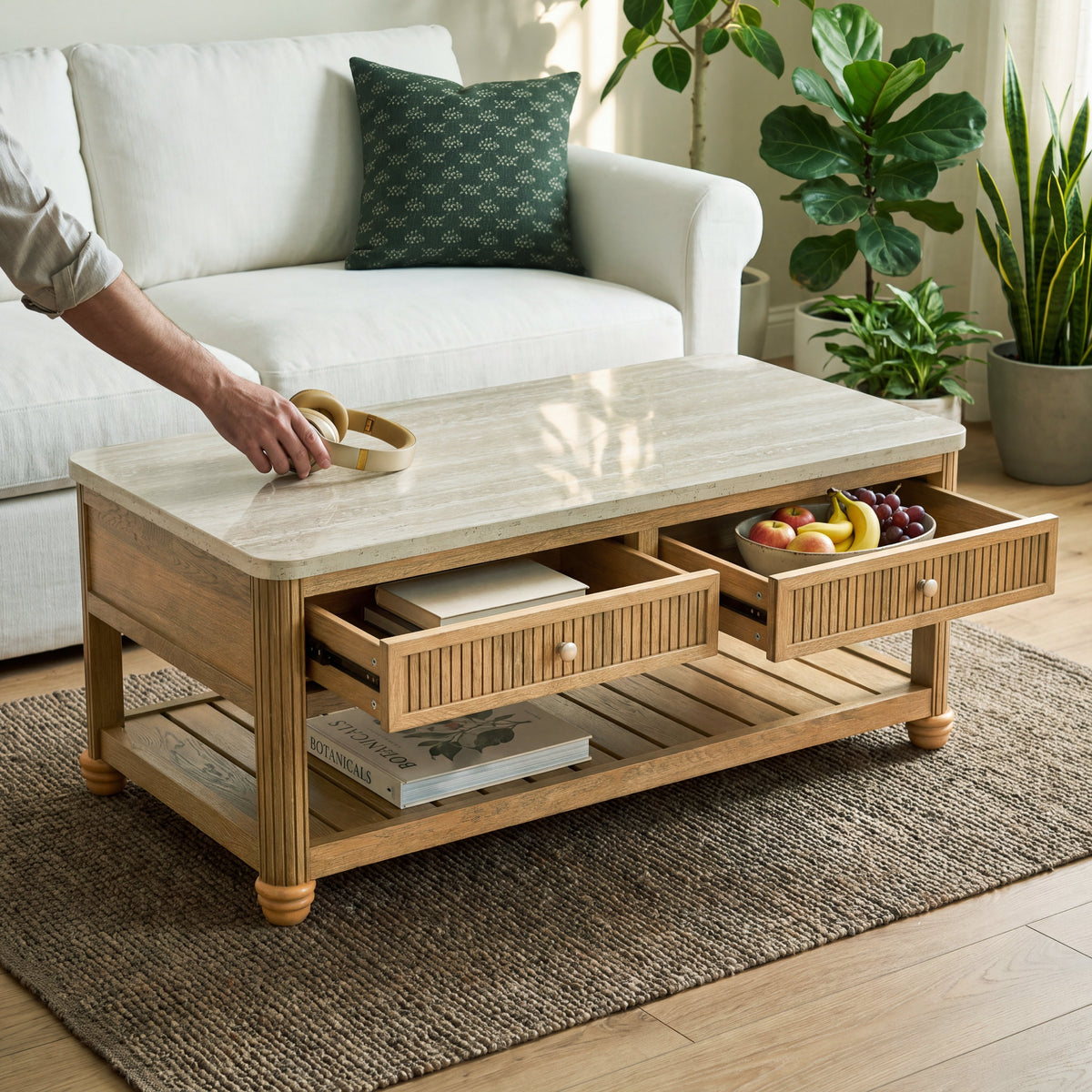 COLAMY VERSE 47.2" Fluted Storage Coffee Table with 2 Drawers & Open Shelf