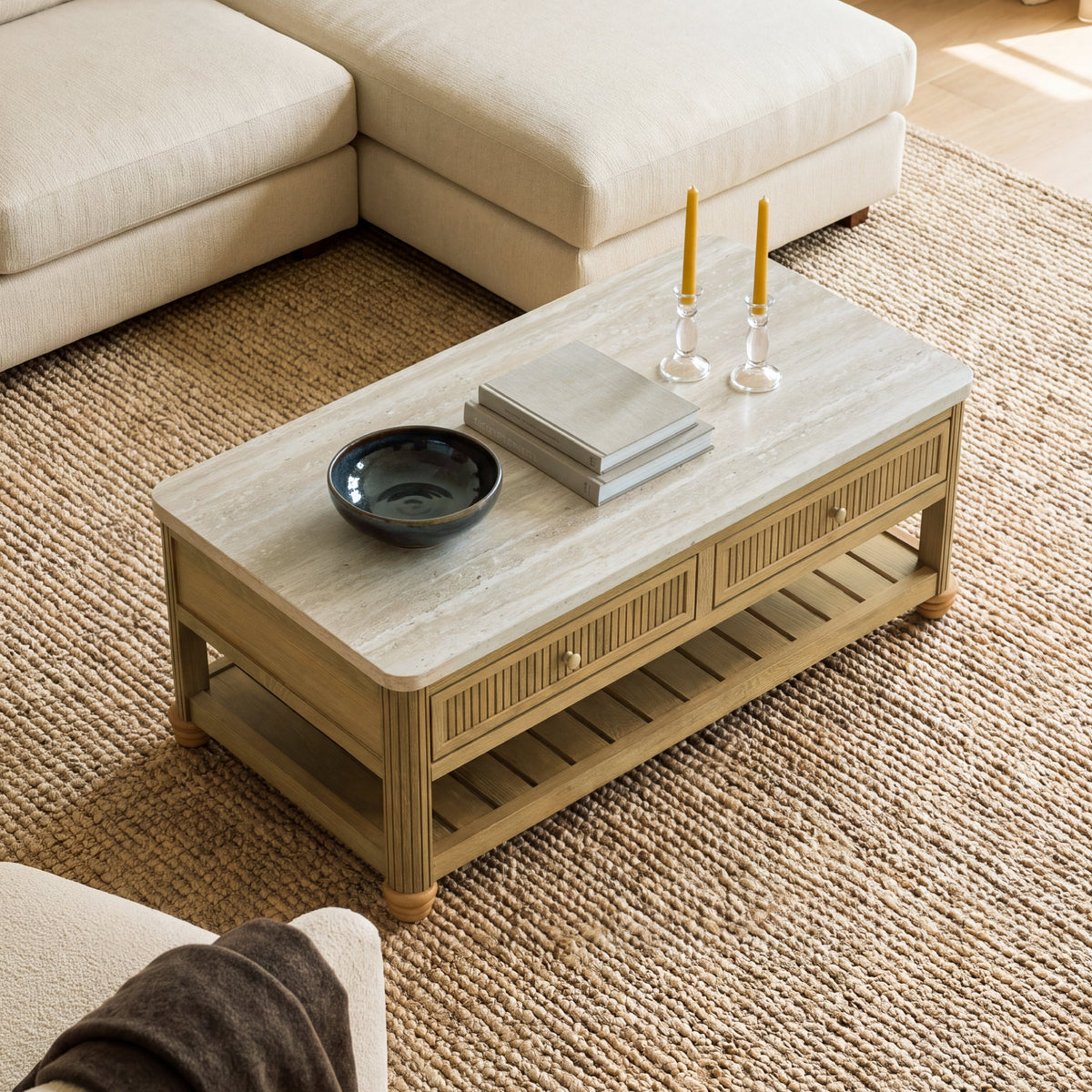 COLAMY VERSE 47.2" Fluted Storage Coffee Table with 2 Drawers & Open Shelf