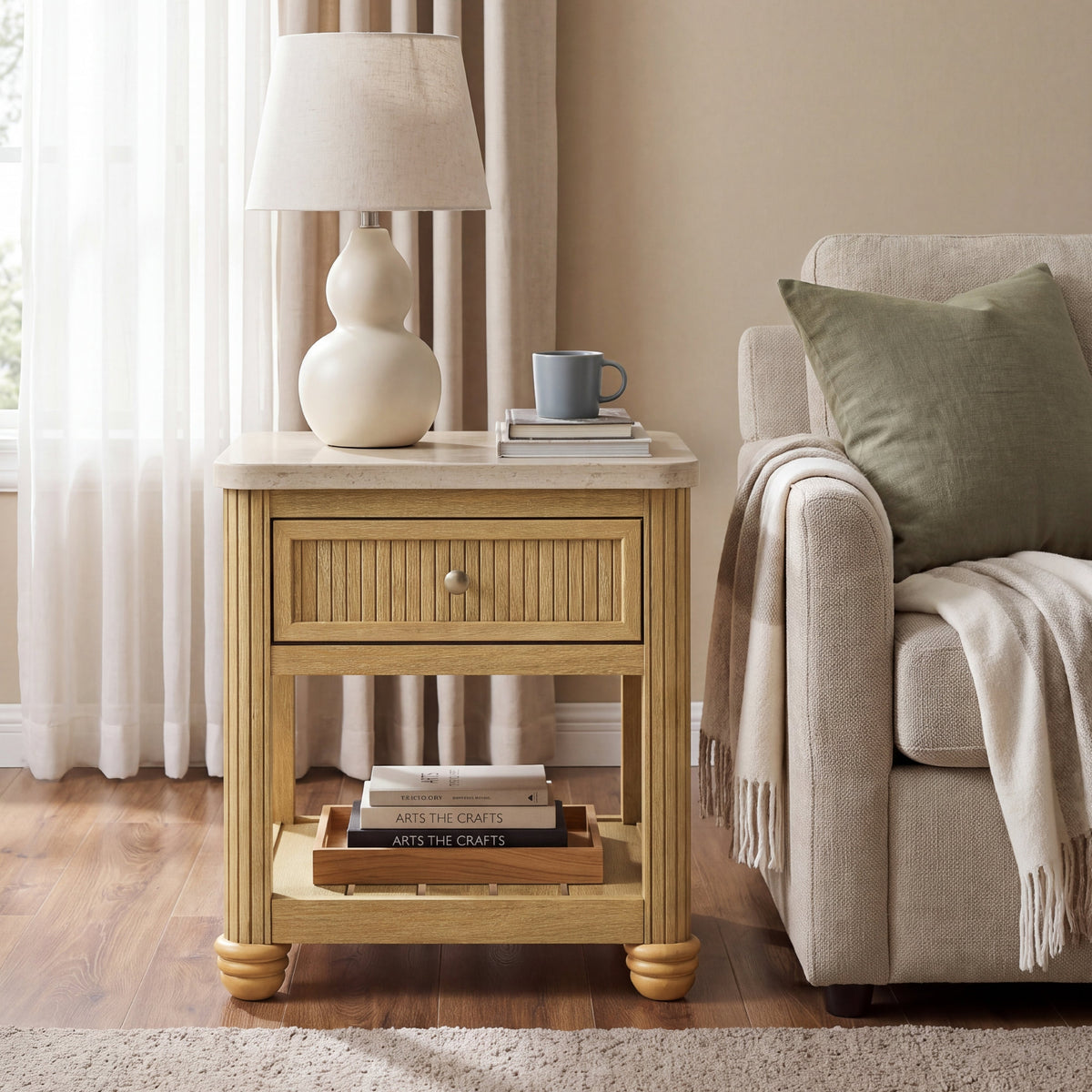 COLAMY VERSE Reeded End Table with Drawer and Open Shelf