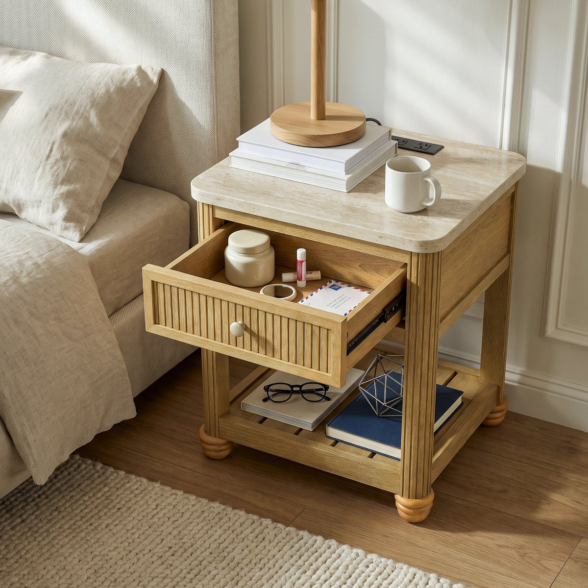 COLAMY VERSE Reeded End Table with Drawer and Open Shelf