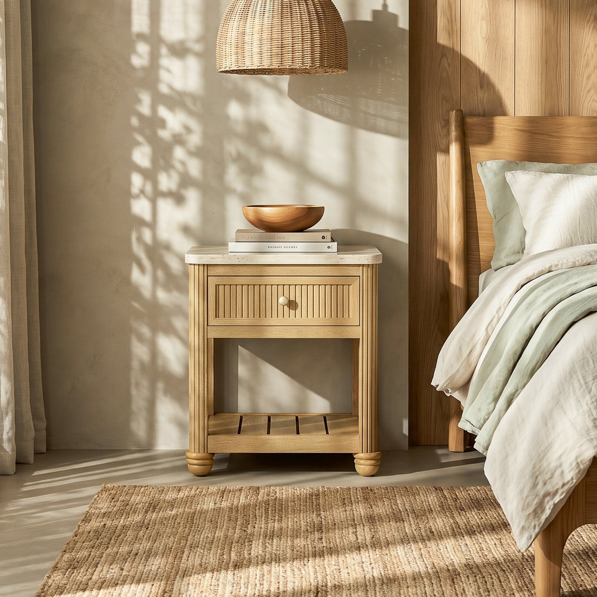 COLAMY VERSE Reeded End Table with Drawer and Open Shelf