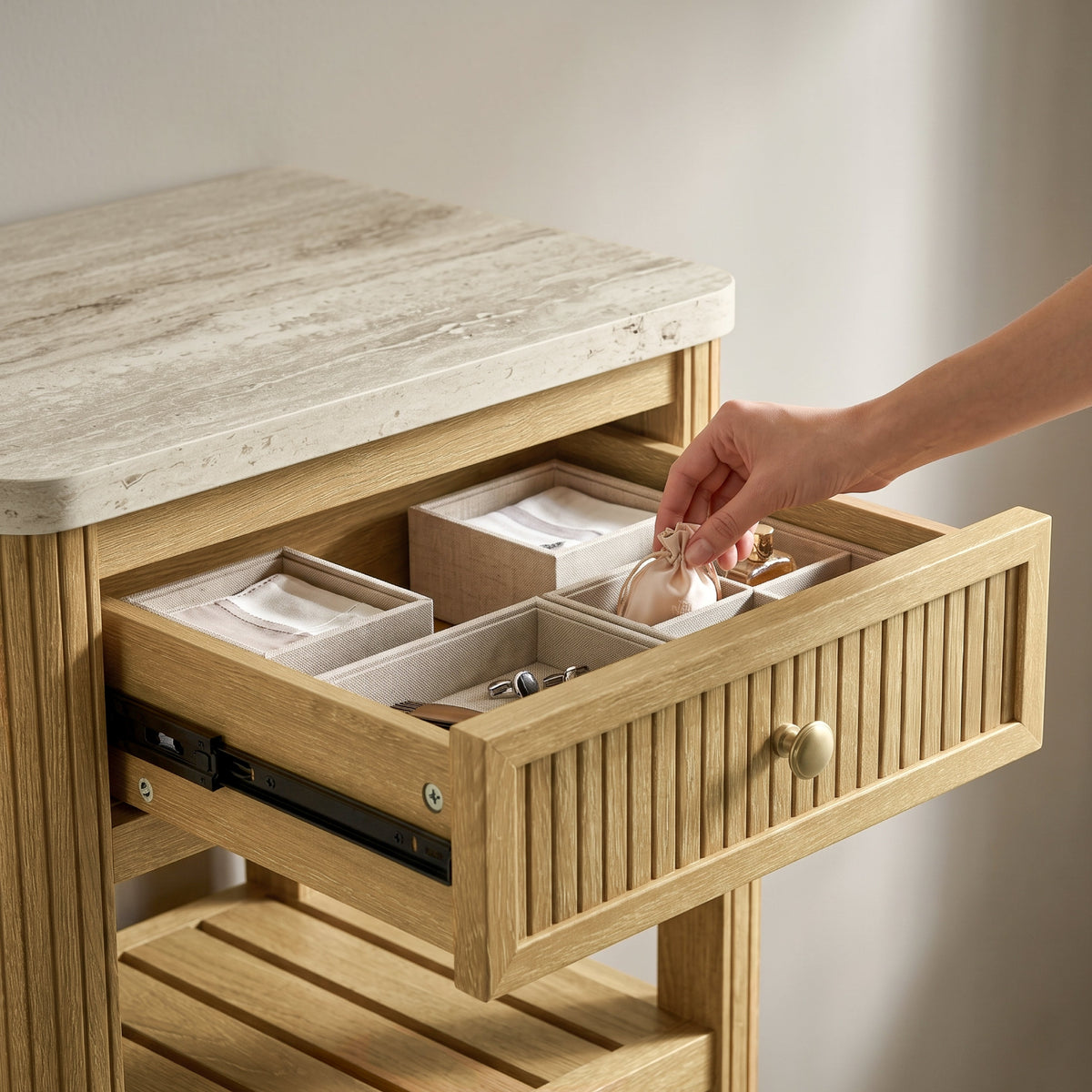 COLAMY VERSE Reeded End Table with Drawer and Open Shelf