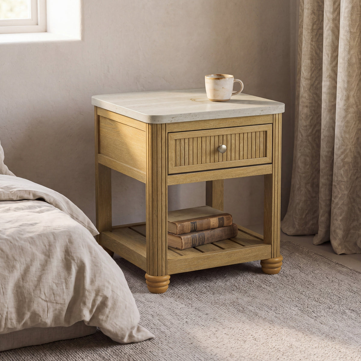 COLAMY VERSE Reeded End Table with Drawer and Open Shelf