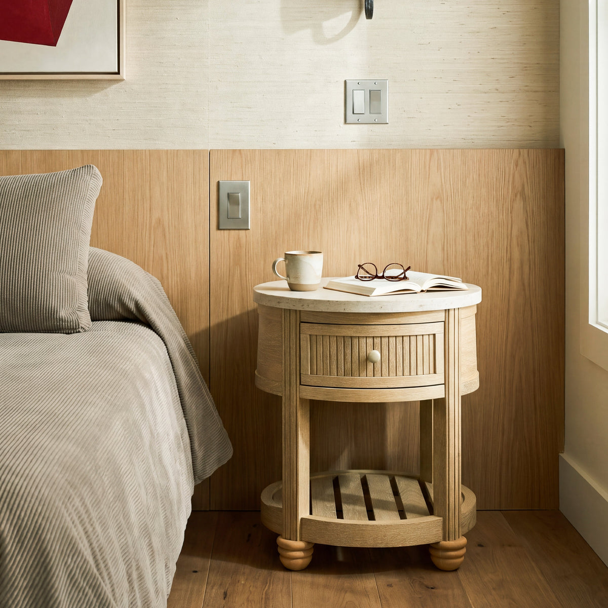 COLAMY VERSE Round End Table with Drawer & Storage Shelf