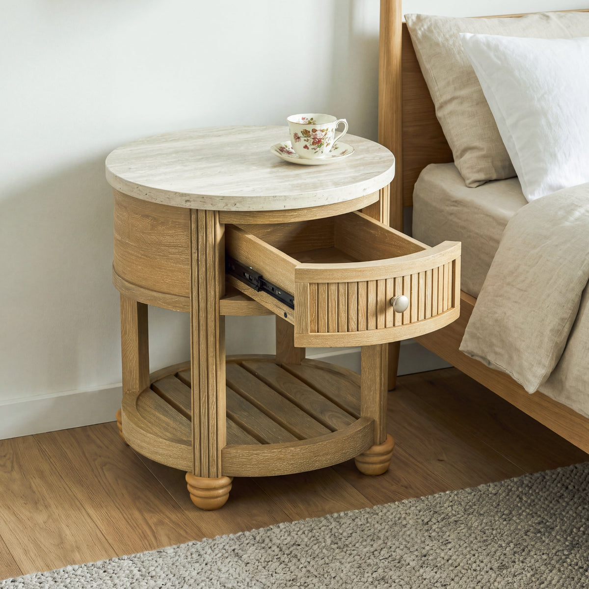 COLAMY VERSE Round End Table with Drawer & Storage Shelf