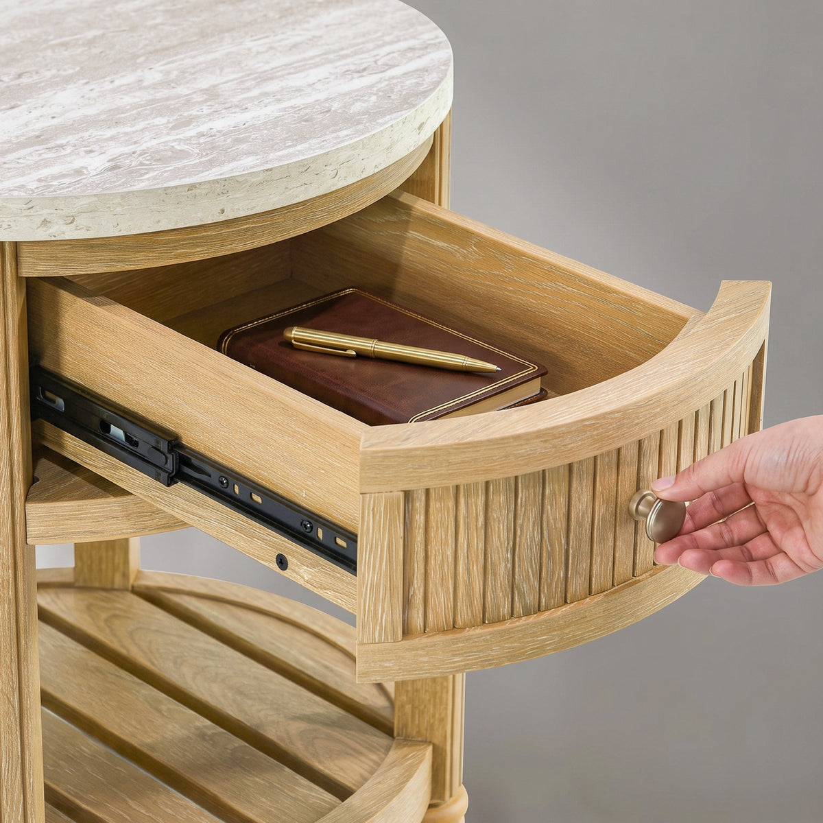 COLAMY VERSE Round End Table with Drawer & Storage Shelf