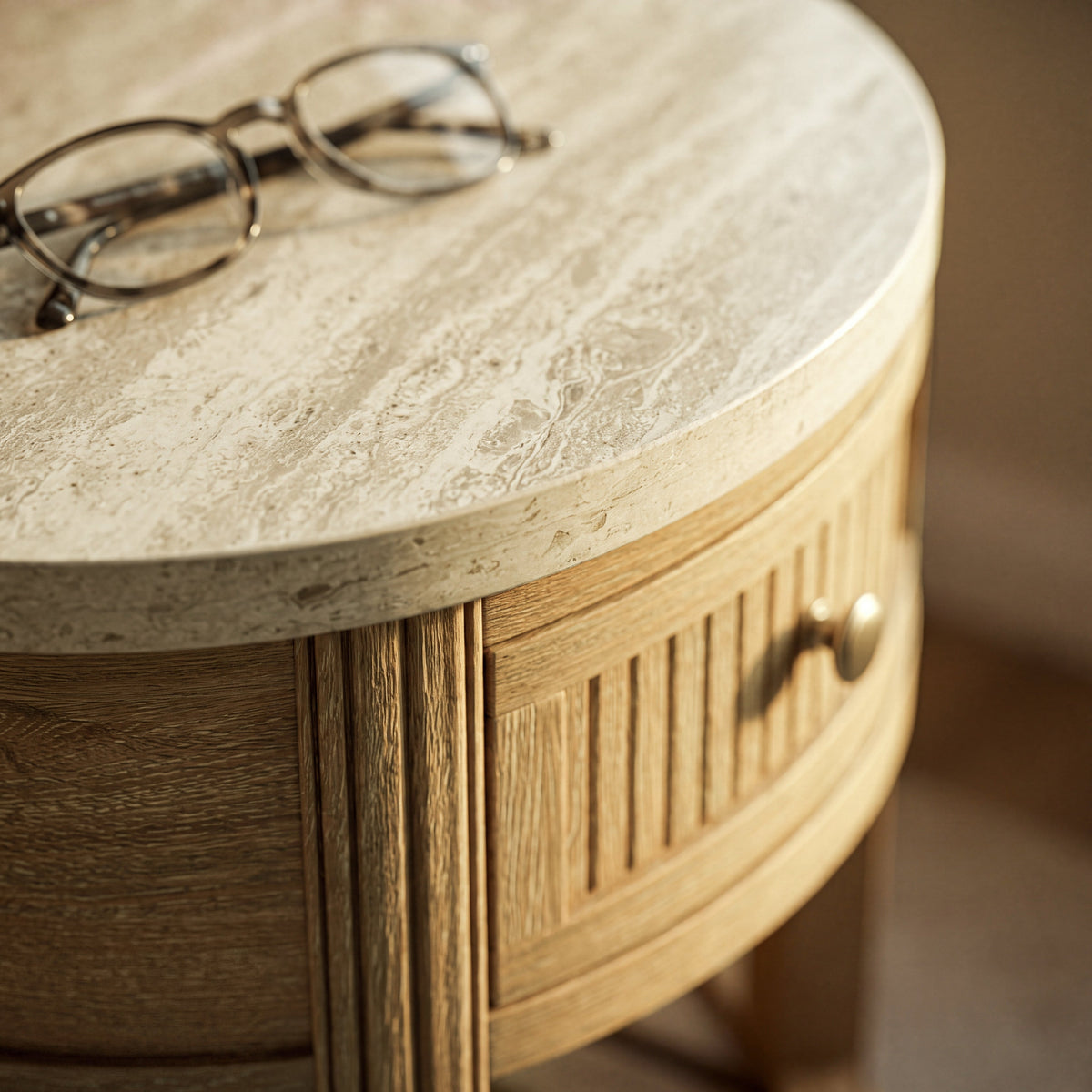 COLAMY VERSE Round End Table with Drawer & Storage Shelf