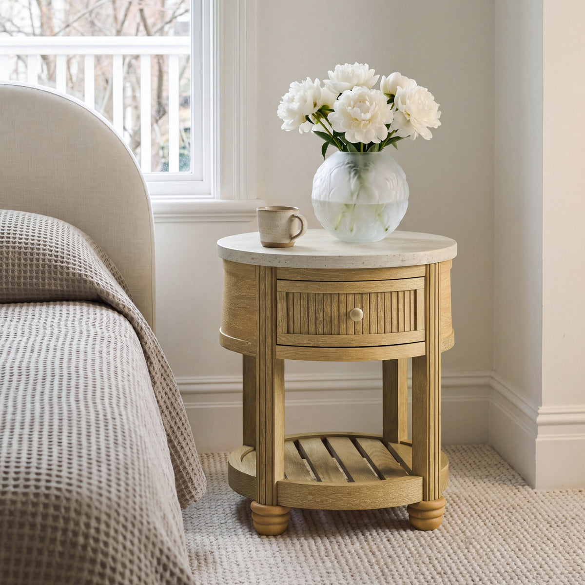 COLAMY VERSE Round End Table with Drawer & Storage Shelf