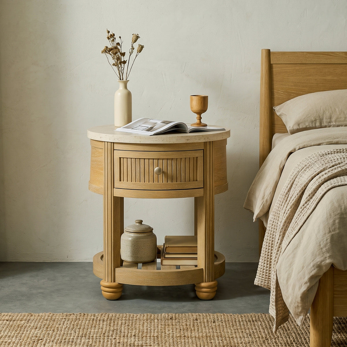 COLAMY VERSE Round End Table with Drawer & Storage Shelf